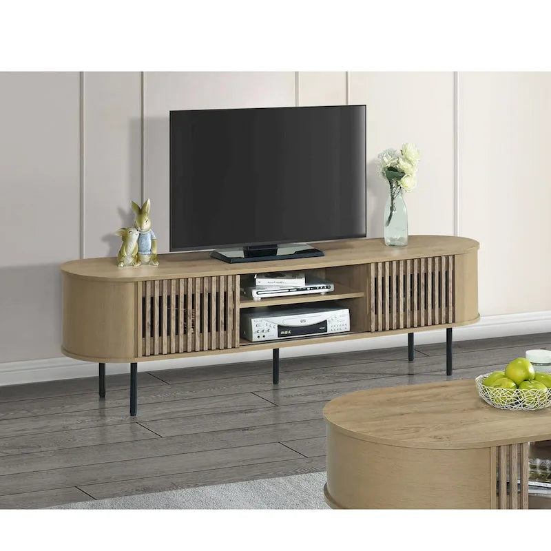 71" TV Console with Sliding Tambour Doors - Natural/Walnut