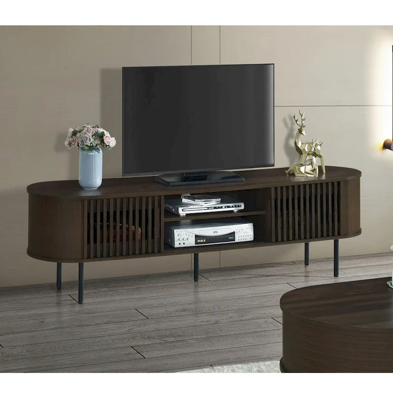 71" TV Console with Sliding Tambour Doors - Natural/Walnut