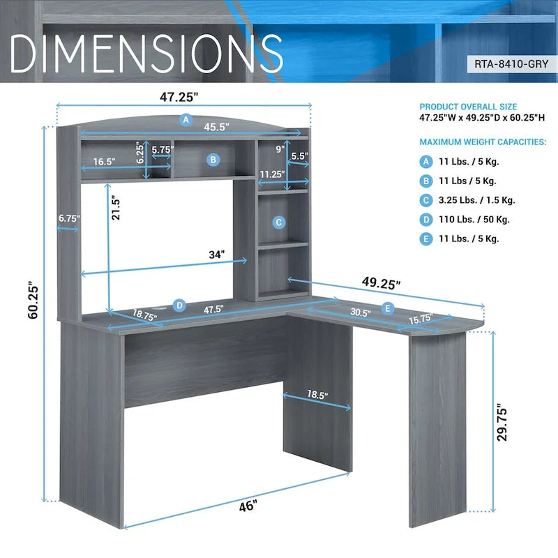 Grey L-Shaped Computer Desk with Hutch for One Person