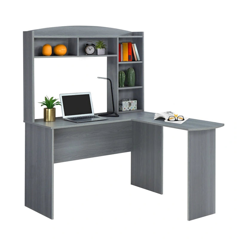 Grey L-Shaped Computer Desk with Hutch for One Person